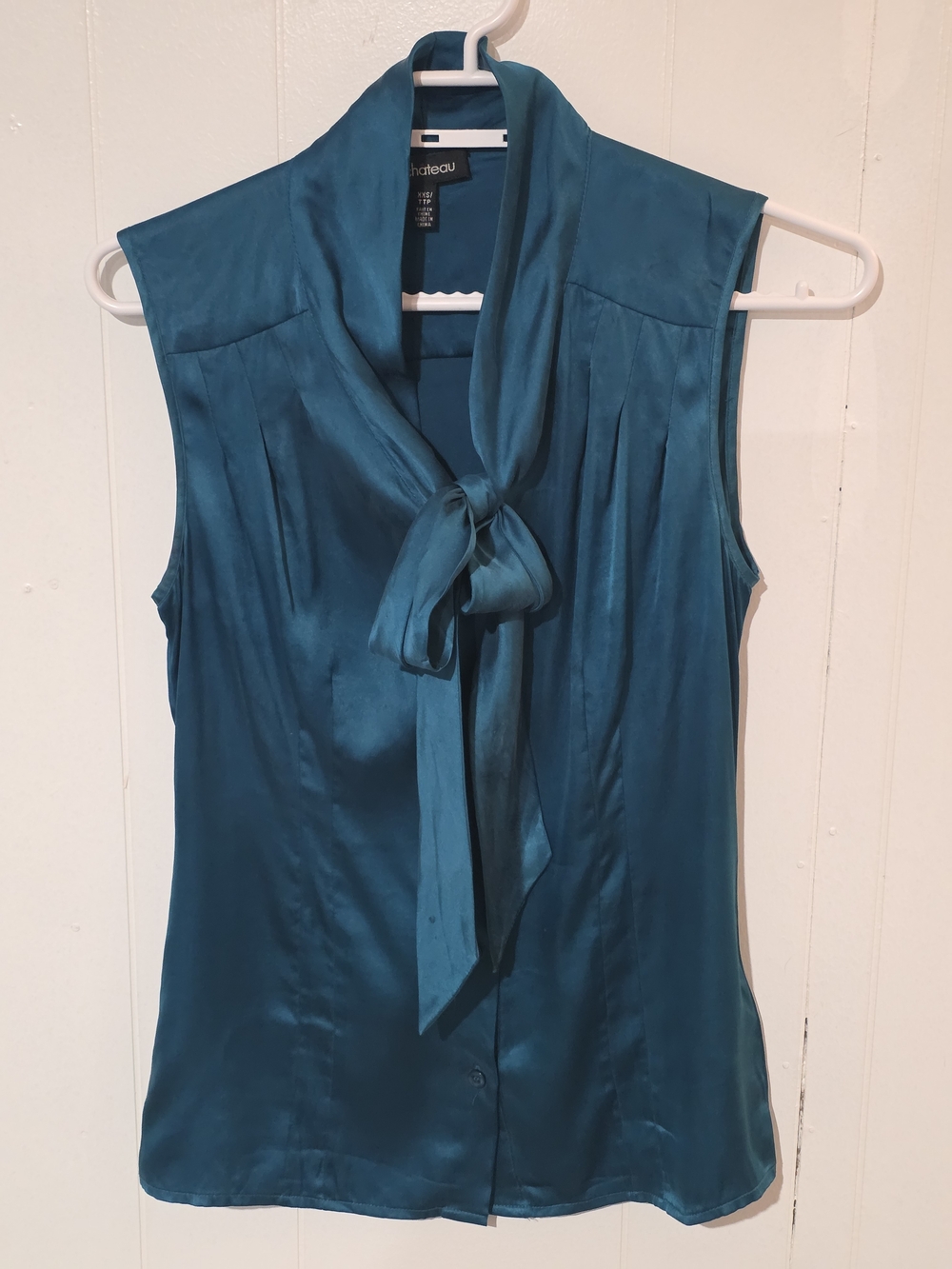 Le Chateau Teal Silk Tie-Neck Sleeveless Blouse